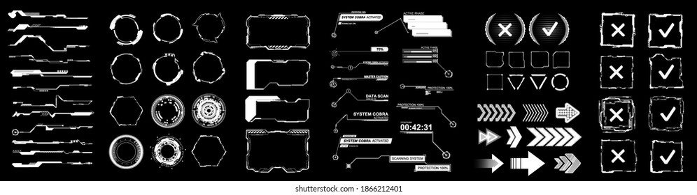 Collection HUD elements - Circle tech frame, Callouts titles, bar labels, buttons, frame screens, arrows and other. UI, UX, KIT design elements in HUD, FUI style for VR, Web design and App. Vector HUD