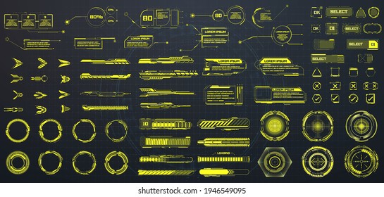 Collection HUD, Sci- Fi elements arrow,  Circle, tech frame, Callouts titles, bar labels, buttons, frame screens. Futuristic info boxes layout templates. Digital technology UI,UX, GUI, FUI. Vector