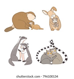 Collection of hugging cartoon animals isolated on white background - rabbit, beaver, ferret, guinea pig, lemurs, badgers. Bundle of cute embracing loving couples. Colorful vector illustration.