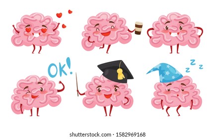 Collection of Human Brain Cartoon Character with Funny Face in Different Situations Vector Illustration