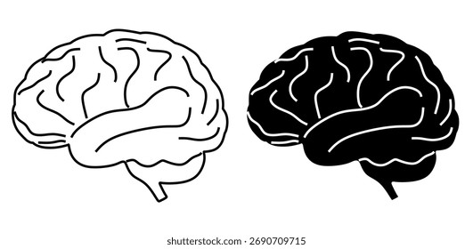 Collection of human brain icons in simple black and white style. set of brain