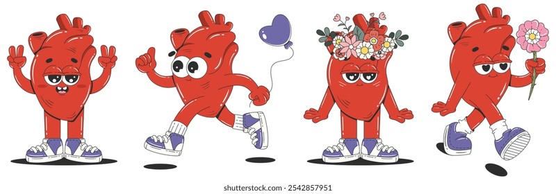 Collection of human cartoon hearts. Stickers for Happy Valentines day. Love concept. Retro 70s 60s groovy style.