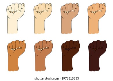 Collection of human ethnic hands with different skin color. Hand gesture. Raised fist or clenched fist. Vector illustration isolated on white background