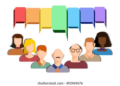 collection of human faces in flat style with speech balloons. People conversation. Talk and polemic. different group of person
