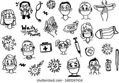 Collection with human faces with masks, viruses and medical supply. Hospital or pollution protect face masking. Hygiene. Vector line illustration