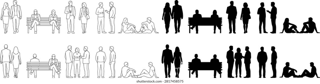 A collection of human figure illustrations presented in both line drawing and solid silhouette styles, depicting everyday interactions such as walking together, sitting on a bench, standing and talking, and seated conversations. Ideal for use in architectural visualization, lifestyle graphics, infographics, and design projects.