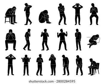 Collection of human figures expressing sadness and grief; depressed man and woman on transparent background.
