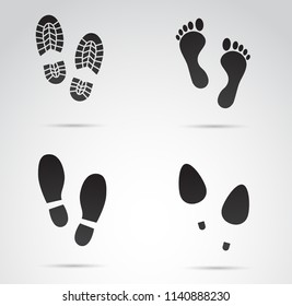 Collection of human footprints - bare foot, trekking boots, high heels etc. Vector icon set.