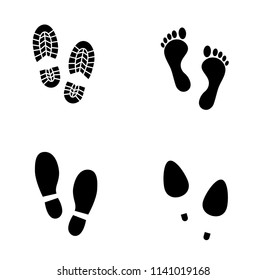 Collection of human footprints - bare foot, trekking boots, high heels etc. Vector icon set.