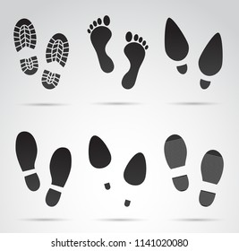 Collection of human footprints - bare foot, trekking boots, high heels etc. Vector icon set.