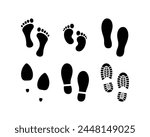 Collection human footprints vector. Boot sole, bare feet, baby footprint, high heel.