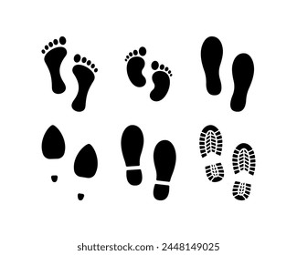 Collection human footprints vector. Boot sole, bare feet, baby footprint, high heel.