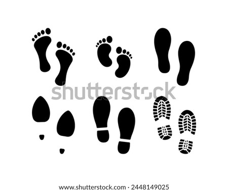 Collection human footprints vector. Boot sole, bare feet, baby footprint, high heel.