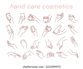 Collection of human hand and cream tube and jar icons isolated. Vector flat line art illustration. For logo, branding, packaging design.