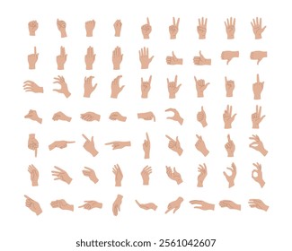 Collection of human hand gestures with fingers. Arms show non-verbal elements of communication. Body language, various communicative symbols. Set of isolated vector illustrations