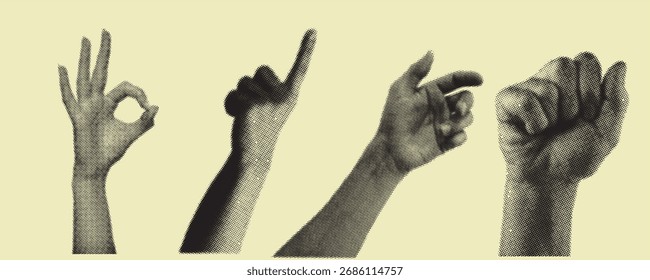 Colección de gestos de mano humana que muestran el signo OK, el dedo apuntando y el puño en el fondo neutral para el concepto de comunicación