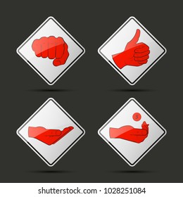 Collection human hand various gestures sketch on background road sign, thumbs up knuckles outline, open palm icon. Set of icons with gestures of human hands