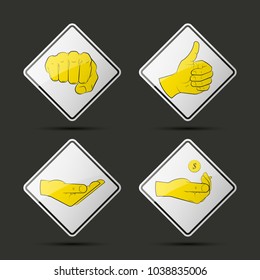 Collection human hand various gestures sketch on background road sign, thumbs up knuckles outline, open palm icon. Set of icons with gestures of human hands
