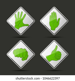 Collection human hand various gestures sketch on background road sign, thumbs up knuckles outline, open palm icon. Set of icons with gestures of human hands