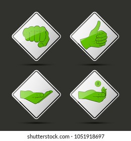 Collection human hand various gestures sketch on background road sign, thumbs up knuckles outline, open palm icon. Set of icons with gestures of human hands