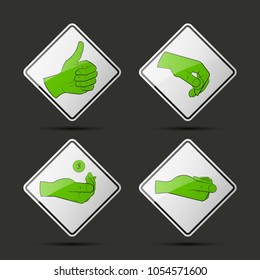 Collection human hand various gestures sketch on background road sign, thumbs up knuckles outline, open palm icon. Set of icons with gestures of human hands