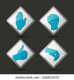Collection human hand various gestures sketch on background road sign, thumbs up knuckles outline, open palm icon. Set of icons with gestures of human hands