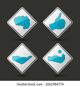 Collection human hand various gestures sketch on background road sign, thumbs up knuckles outline, open palm icon. Set of icons with gestures of human hands