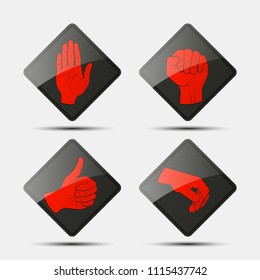 Collection human hand various gestures sketch on background road sign, thumbs up knuckles outline, open palm icon. Set of icons with gestures of human hands