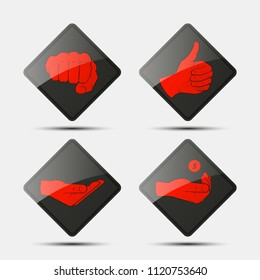 Collection human hand various gestures sketch on background road sign, thumbs up knuckles outline, open palm icon. Set of icons with gestures of human hands