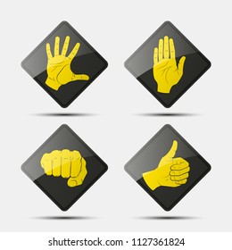 Collection human hand various gestures sketch on background road sign, thumbs up knuckles outline, open palm icon. Set of icons with gestures of human hands
