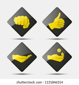 Collection human hand various gestures sketch on background road sign, thumbs up knuckles outline, open palm icon. Set of icons with gestures of human hands
