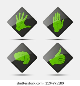 Collection human hand various gestures sketch on background road sign, thumbs up knuckles outline, open palm icon. Set of icons with gestures of human hands