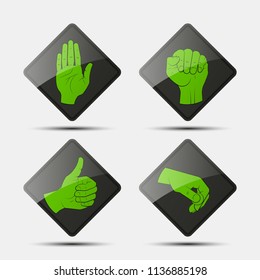 Collection human hand various gestures sketch on background road sign, thumbs up knuckles outline, open palm icon. Set of icons with gestures of human hands
