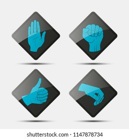 Collection human hand various gestures sketch on background road sign, thumbs up knuckles outline, open palm icon. Set of icons with gestures of human hands