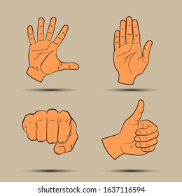 Collection human hand various gestures. Vector sketch thumbs up knuckles outline