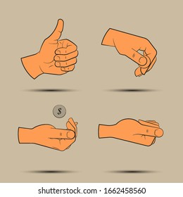 Collection human hand various gestures. Vector sketch thumbs up knuckles outline