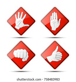 Collection human hand various gestures sketch on background road sign, thumbs up knuckles outline, open palm icon