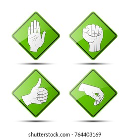 Collection human hand various gestures sketch on background road sign, thumbs up knuckles outline, open palm icon