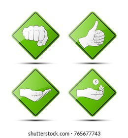 Collection human hand various gestures sketch on background road sign, thumbs up knuckles outline, open palm icon