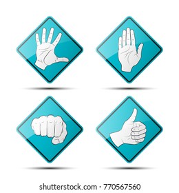 Collection human hand various gestures sketch on background road sign, thumbs up knuckles outline, open palm icon