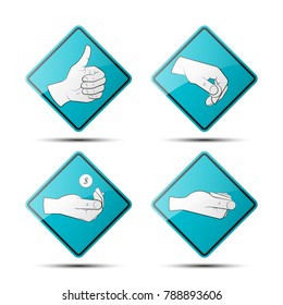Collection human hand various gestures sketch on background road sign, thumbs up knuckles outline, open palm icon