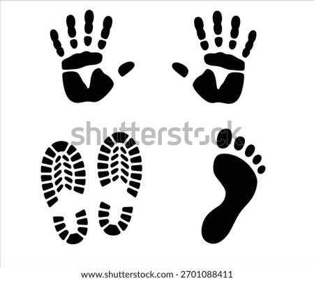 Collection of human handprints, a bare foot print, and detailed shoe sole tracks. Graphic symbols representing human presence and movement, ideal for design projects.