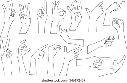 Collection of human hands, different hands, gestures, signals and signs.