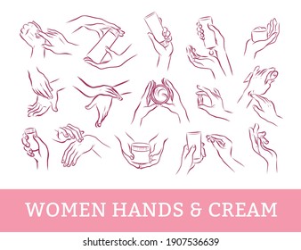 Collection of human hands with hand cream and moisturizer tube in different gestures and posses isolated on white background. Vector flat hand drawn illustration. For banners, ads, emblems, tags etc.