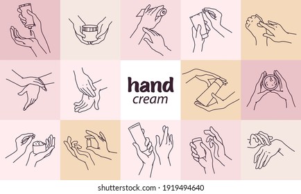 Collection of human hands with hand cream and moisturizer tube, can in different gestures and posses isolated. Vector hand drawn line art illustration. For banners, ads, emblems, tags, packaging, logo