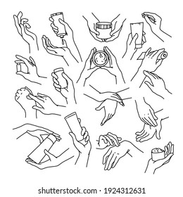 Kollektion von menschlichen Händen mit Handcreme, Feuchtigkeitscreme-Tube und kann in verschiedenen Gesten und besitzt isoliert auf weißem Hintergrund. Vektorhandgezeichnete Kunstgrafik-Illustration. Für Banner, Werbung, Embleme, Tags