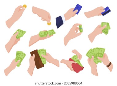 Collection human hands holding cash paper money, coins and bank credit pay card vector flat illustration. Set of wallet full of banknotes in man and woman arms isolated on white. Payment, bill, dollar