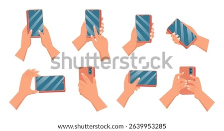 Collection of human hands holding smartphone in different positions like typing, swiping, taking photo, landscape, portrait mode, rear and front view. Touch screen hand gestures. Vector illustration.