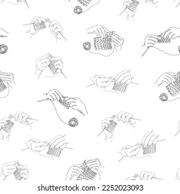 Collection. Human hands knit knitting needles and threads. Seamless pattern in modern style in one line. Solid line, sketches, posters, murals, stickers, logo. vector illustrations