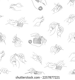 Collection. Human hands knitting and sewing with a needle and thread. Seamless pattern in art nouveau style in one line. Solid line, sketches, posters, murals, stickers, logo. vector illustration.